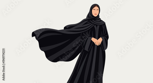 Elegant Muslim Woman in Flowing Black Abaya and Hijab