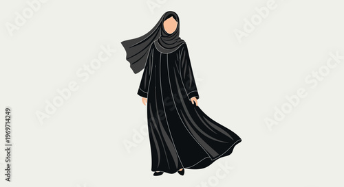 Elegant Muslim Woman in Black Abaya and Hijab, Flowing Fabric, Minimalist Illustration