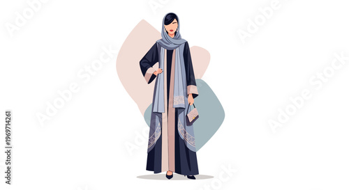 Elegant Muslim Woman in Traditional Abaya and Hijab, Holding a Handbag