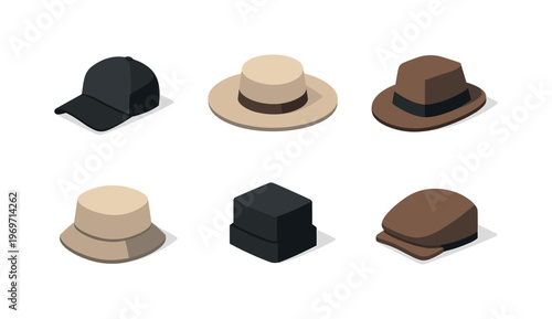 Set of six assorted headwear icons including baseball cap, straw sun hat, fedora, cloche, top hat, and flat cap in minimalist vector style
