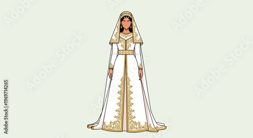 Elegant White Wedding Dress with Gold Embroidery and Veil