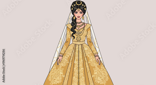 Elegant Woman in Golden Wedding Dress with Veil and Jewelry
