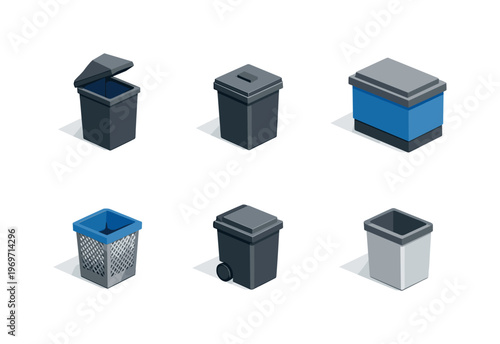 Set of six isometric waste and recycling containers with lids, including trash bins, wheeled garbage can, and mesh office basket in blue and gray