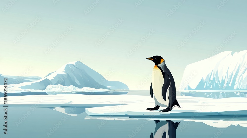 Obraz premium Penguin standing on ice with reflection in water beneath a clear sky