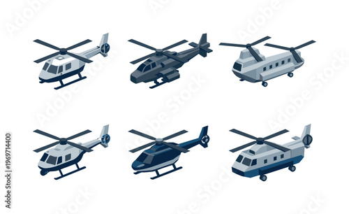 Set of six isometric helicopter illustrations in various designs, showing rotorcraft angles and color variations for aviation transport and rescue