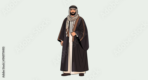 Man in traditional Arab clothing, standing, full body shot, isolated on light background