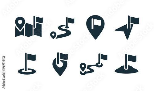Minimal navigation marker icon set featuring location pins with flags, route paths, and destination symbols for mapping and wayfinding interfaces