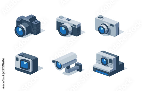 Isometric vector icon set of cameras and surveillance devices, including DSLR, compact camera, action cam, CCTV, and instant photo camera