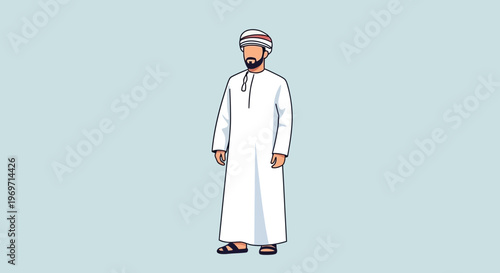 Man in traditional Omani dishdasha and kummah, standing against a light blue background