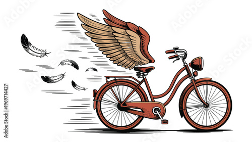 Vintage bicycle with wings flying feathers isolated on transparent background