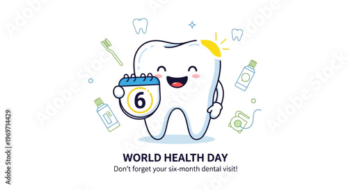 Cartoon tooth holding calendar for dental checkup and oral hygiene
