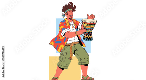Man playing djembe drum outdoors, vibrant clothing, summer vibes