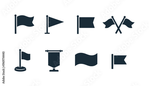 Set of minimalist flag icons and pennants in silhouette style, including waving flags, banner sign, crossed flags, and standing flagpole symbols