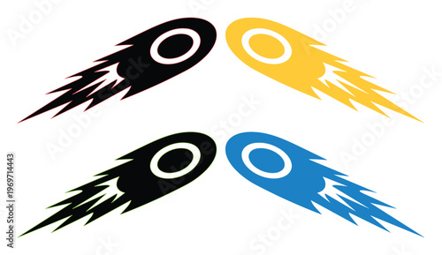 Stylized comet vector icons set, flying meteor with fire trail symbols, dynamic falling star graphic elements in black, yellow, and blue colors