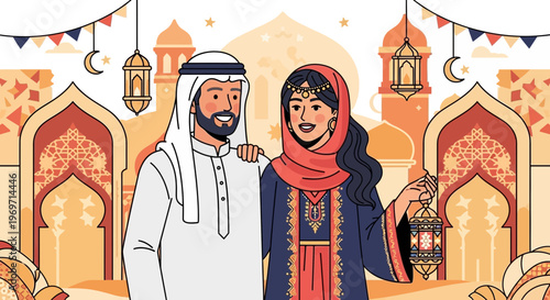 Middle Eastern couple celebrating Ramadan with lanterns and mosque background