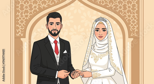 Muslim Couple Holding Hands in Wedding Attire