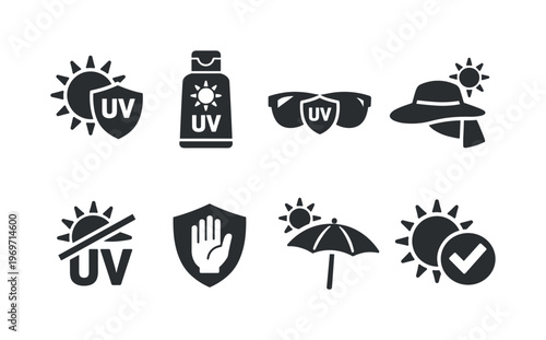 Black silhouette icons of UV protection and sun safety, including sunscreen bottle, sunglasses, wide-brim hat, umbrella, shield, and sun check symbols