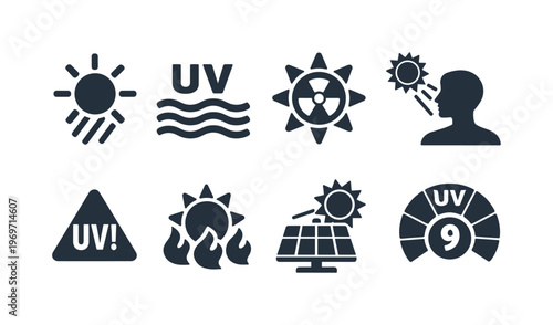 Set of sun and ultraviolet radiation icons showing UV waves, warning symbol, solar energy panel, skin exposure and high UV index for heat safety