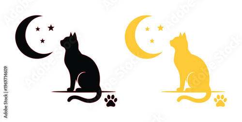 Mystical cat silhouette with crescent moon and stars, black and gold feline vector set, celestial pet logo icons for branding and magic themes
