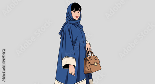 Stylish Muslim Woman in Blue Abaya Holding Handbag