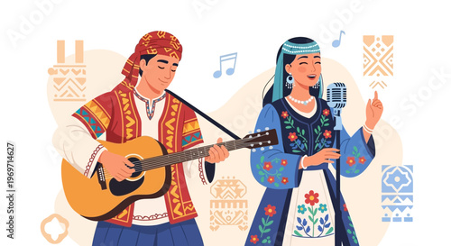 Traditional musicians performing folk music with guitar and singing