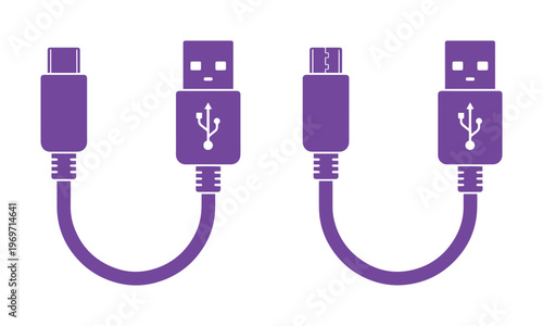 Purple USB cable vector icons, Type-C and Micro USB charging cord set, universal serial bus connector symbols for technology and hardware design