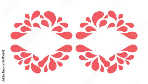 Abstract pink water splash frames, decorative liquid droplet circular borders, organic floral petal wreath vector set for beauty and wellness branding