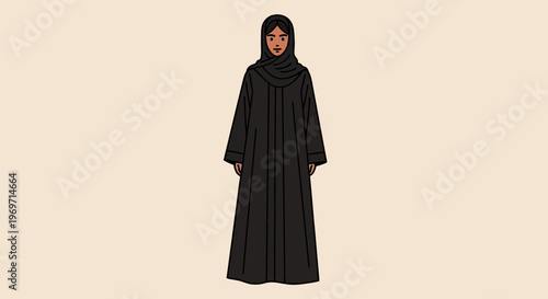 Woman in traditional black abaya and hijab, full body illustration