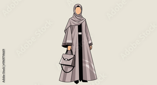 Woman in Hijab and Abaya with Handbag, Fashion Illustration