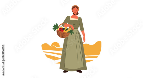 Woman in historical dress holding basket of fresh produce, harvest, rural background