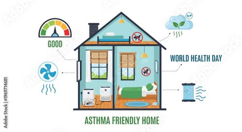 Asthma friendly home layout with air purification systems illustration