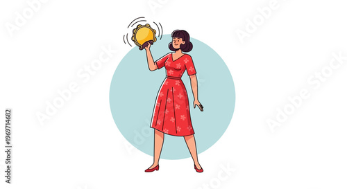 Woman in red dress playing tambourine, retro style