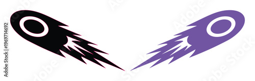 Stylized comet vector icons, black and purple falling meteor silhouettes with flame trails, celestial space object graphic elements for logos