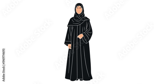 Woman in traditional black abaya and hijab, full body shot, isolated on white background