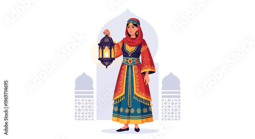 Woman in traditional dress holding a lantern, Ramadan celebration concept