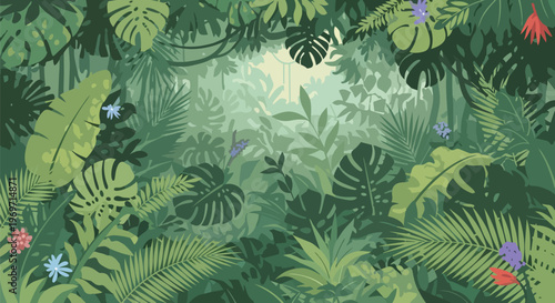 Tropical Jungle Rainforest Foliage Background with Exotic Leaves and Flowers