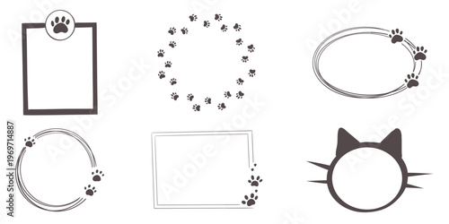 Empty cute cat or dog, pet frame set, speech bubble with ears and tail, border with paw print. Doodle sketch hand drawn elements. Footprint badge, border divider. 