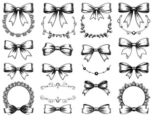 A collection of 15 black and white bow illustrations