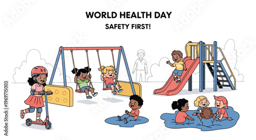 Diverse children playing safely on playground with protective gear