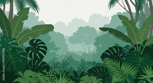 Tropical Jungle Rainforest Background with Lush Green Foliage and Exotic Palm Leaves