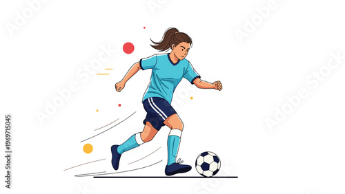 Skillful female soccer player in a blue uniform dribbling a ball across the field with speed and focus during a competitive match.