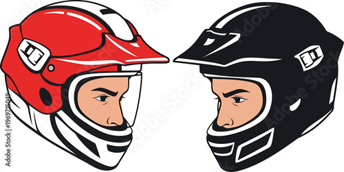 Vibrant vector illustration of two riders in red and black motocross helmets, ready for adventure and competition on the track or trail