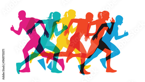 Colorful silhouettes of people running in motion against a white background representing speed, fitness, and athletic competition.