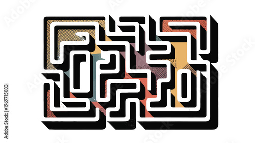 Abstract geometric maze design with vibrant colors and intricate patterns isolated on transparent background
