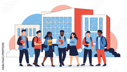 Diverse group of young students standing in front of a modern school building holding books and ready for their academic journey.
