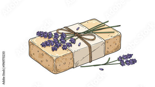 Handcrafted natural soap bar wrapped in paper and tied with twine decorated with fresh purple lavender flowers and stems.