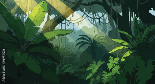 Pixel Art Jungle Landscape with Sunbeams and Tropical Foliage