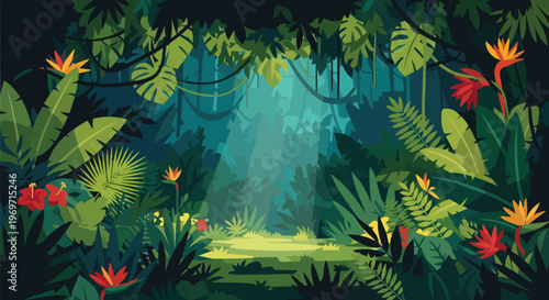 Tropical Jungle Rainforest Background with Exotic Flowers and Lush Green Foliage