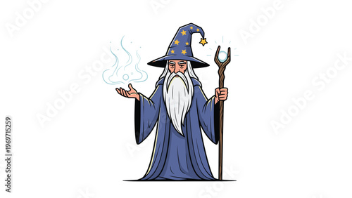 Powerful old wizard with a long white beard wearing a blue starry hat and robe holding a glowing magic staff in one hand.