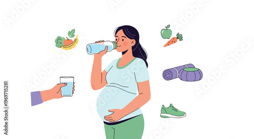 Pregnant woman drinking water surrounded by healthy lifestyle icons